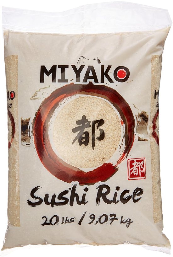 Zak MIYAKO Sushi Rijst 20 lbs / 9.07 kg met Japanse tekens in een rode cirkel.