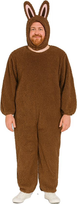 Joya Party® Bunny / Konijn Verkleedpak Heren | Grappig Verkleed Kostuum Mannen | Warme Fluffy Onesie | Carnaval & Themafeest | Humor Verkleed Pak Man | Verkleedkostuum Konijn Inclusief Konijnenmuts | Bruin | Maat XL/XXL