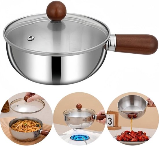 QTTVBTNA - 1 Stuks RVS Kookpan met Deksel - Platte Bodem voor Inductie, Gas en Elektrisch - Koekenpan - Stijlvolle Houten Handgreep - Gelijkmatige Warmteverdeling - Geschikt voor Koken, Sauzen, Soep én Eieren Bakken - Duurzaam & Compact - 14 cm van QTTVBTNA — afbeelding 3