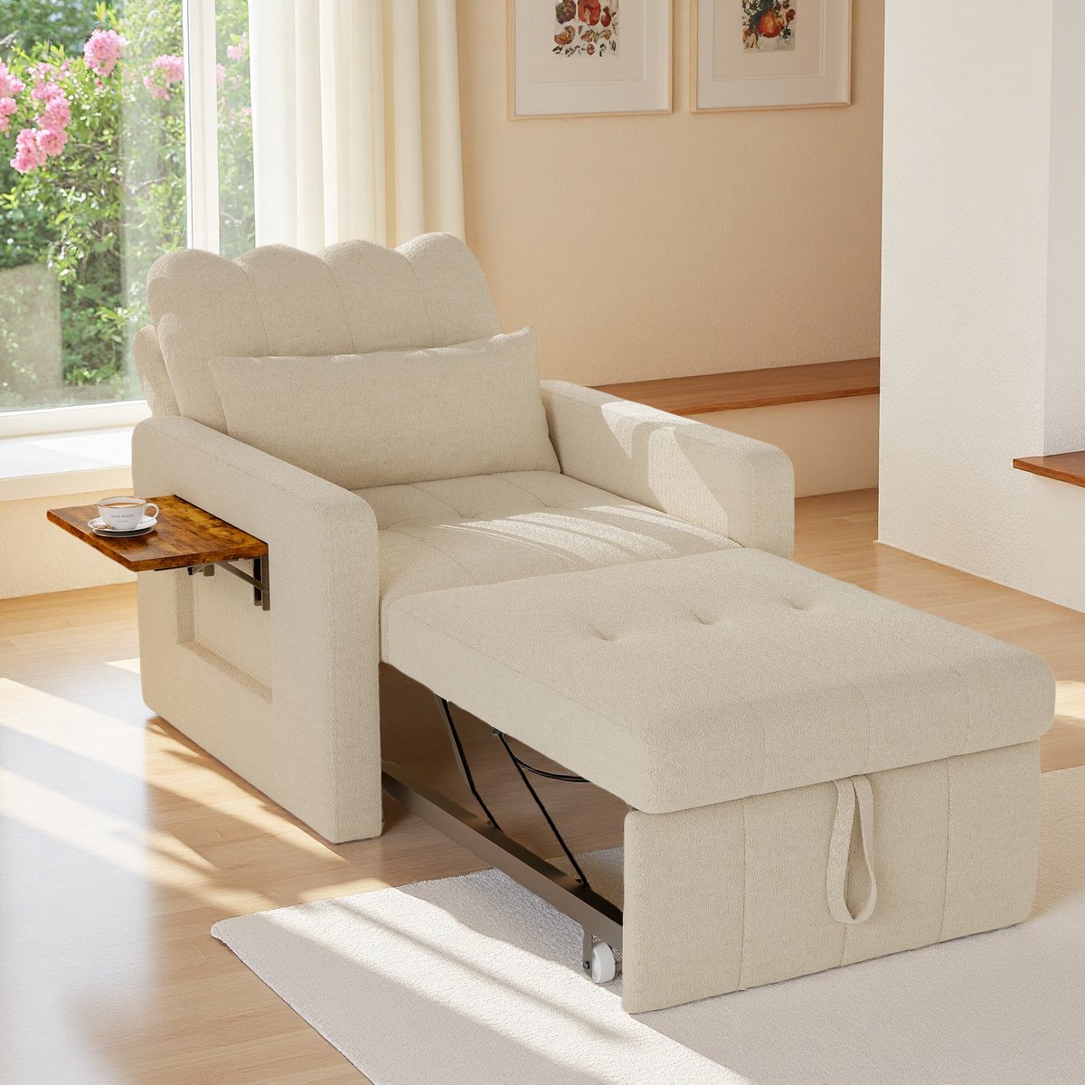 Eenpersoons Slaapbank 2-in-1 – Chenille Bankbed met Zijtafel & Opbergvak, Beige