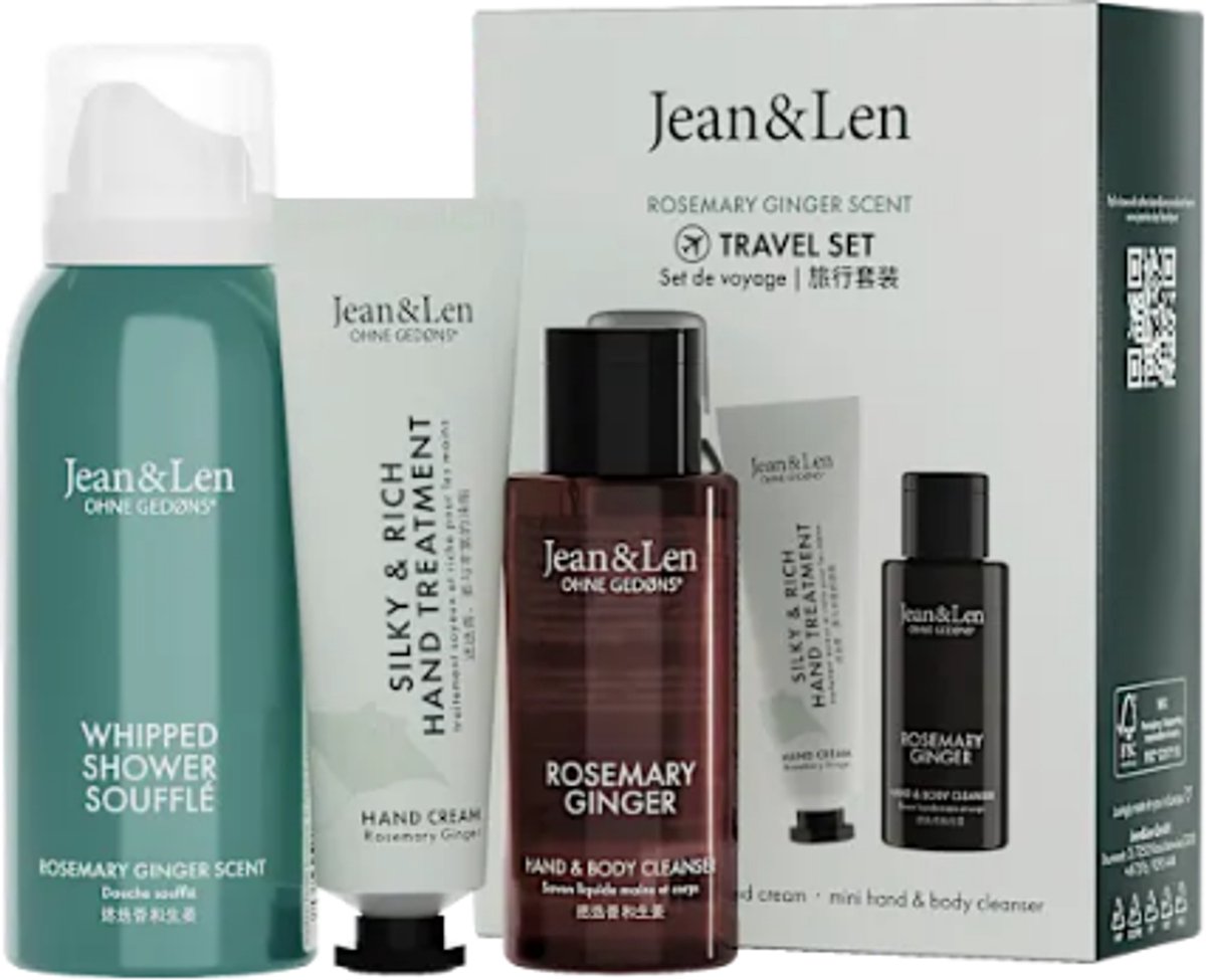 Geschenkset "Travel Set" Rosemary & Ginger - Jean & Len | 3-delig - Cleanser - Handcrème - Doucheschuim | Reisverpakking - Combiset