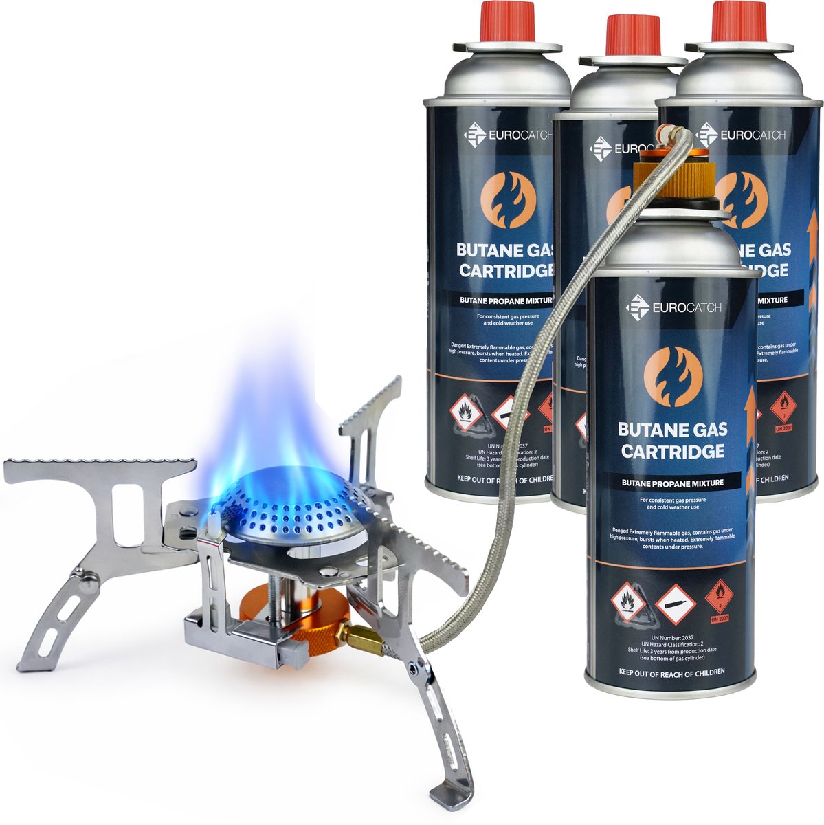 Eurocatch Foldable Gas Burner 2200W met Connector - incl. 4 gasbussen - Opvouwbare Camping Gasbrander met Draagkoffer