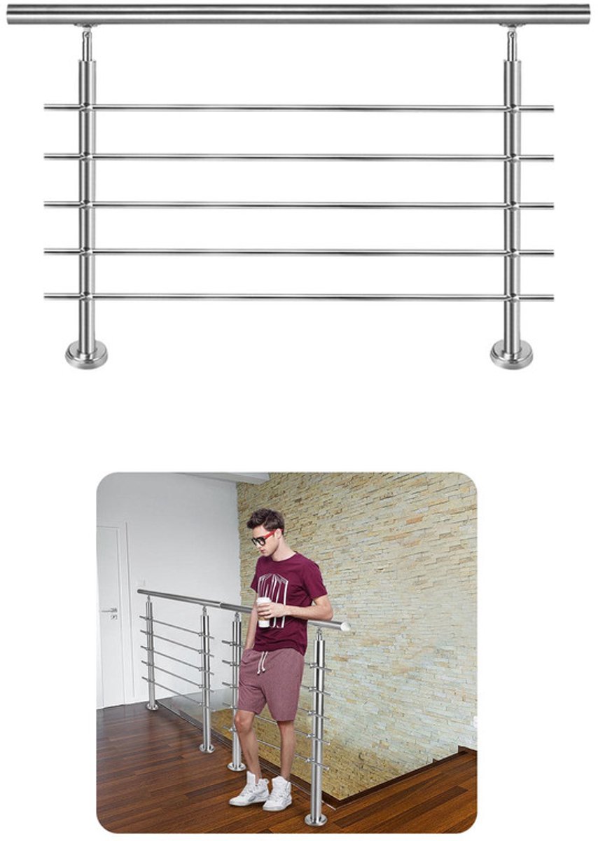 Aufun Roestvrijstalen Trapleuning-100 Cm-5 Dwarsbalken-Met 2 Staanders-Voor Trappen Balustrades Balkons