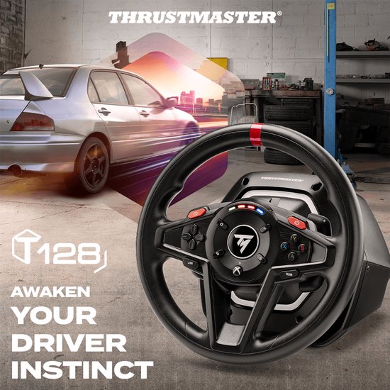 Zwart racestuur met rode markering, in een garage-achtige setting met een auto op de achtergrond. Tekst 'AWAKEN YOUR DRIVER INSTINCT' en 'T128'.