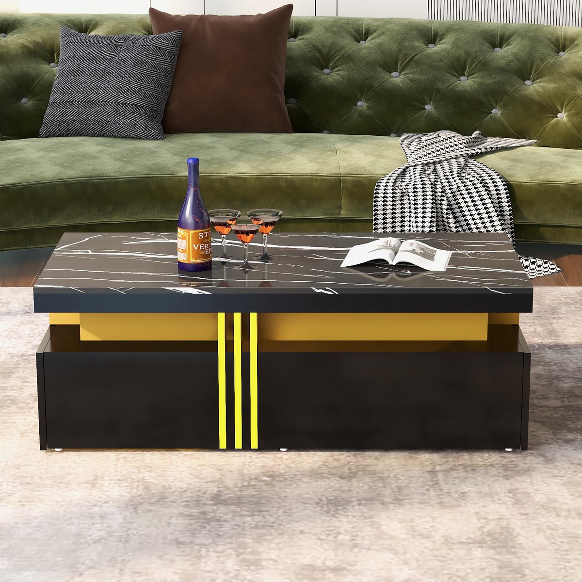 REDOM TV-meubel 200x40x42 cm van spaanplaat en metaal, marmerlook blad, 3 laden en hoge draagkracht