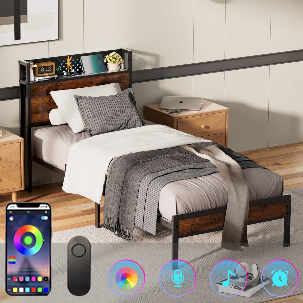KUTAS Eenpersoonsbed 900x200 cm - Heavy Duty Metalen Bedframe - Met Lattenbodem - Met LED Verlichting - Stopcontacten - USB Poorten - Type C - Hoofdbord met Opbergruimte Zwart