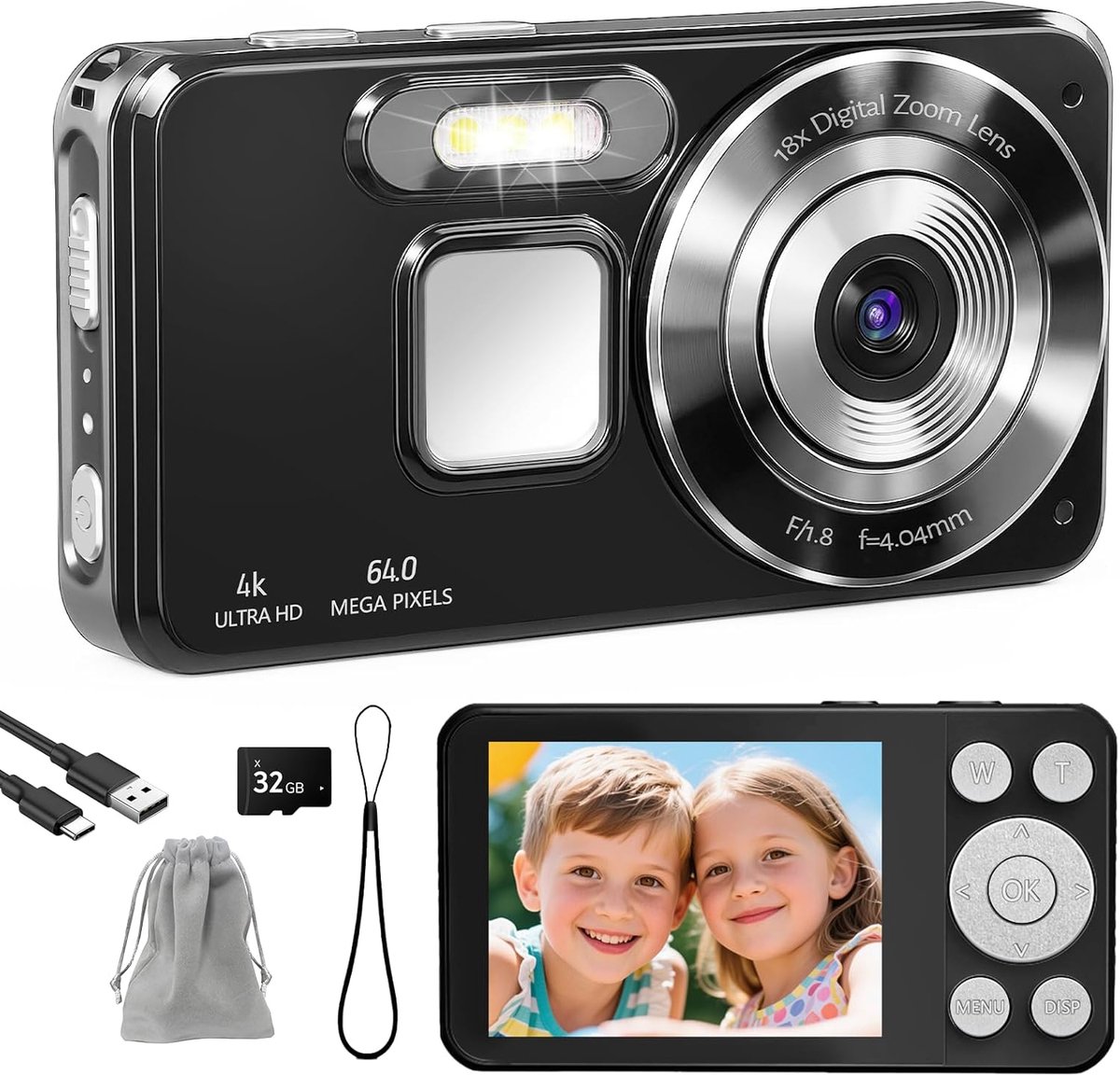 Digitale Camera 4K - 64MP Fotokamera - Fototoestel met 2.8 Inch LCD Scherm - 18X Digitale Zoom - Compact en Draagbaar Ontwerp - Beeldstabilisatie - USB-C Aansluiting - Inclusief 32GB SD Kaart - Vlog Camera - Zwart