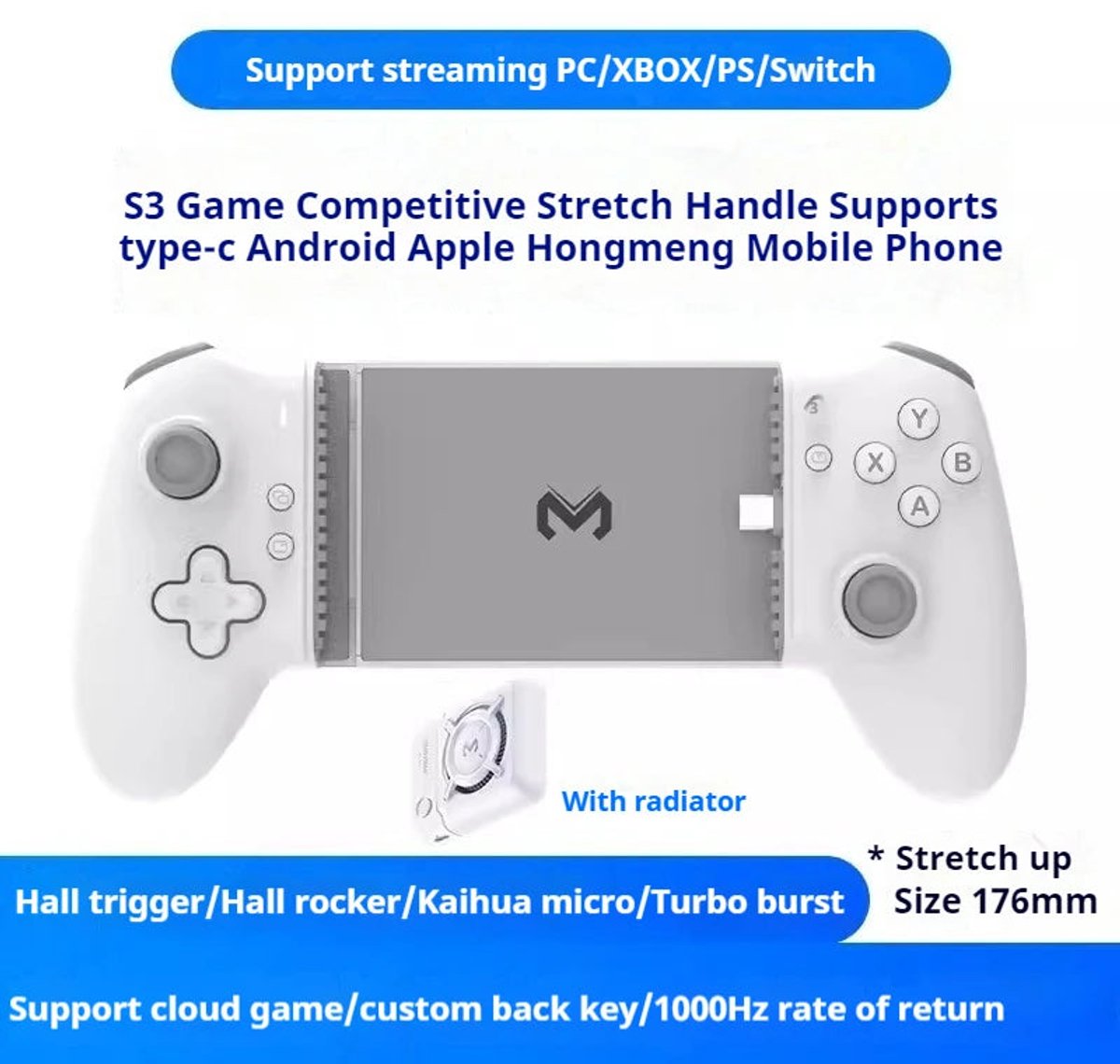 Memo S3 Uitrekbare Gamecontroller Type-C Hall Effect Joystick Voor Android iOS en Tablets Gamers
