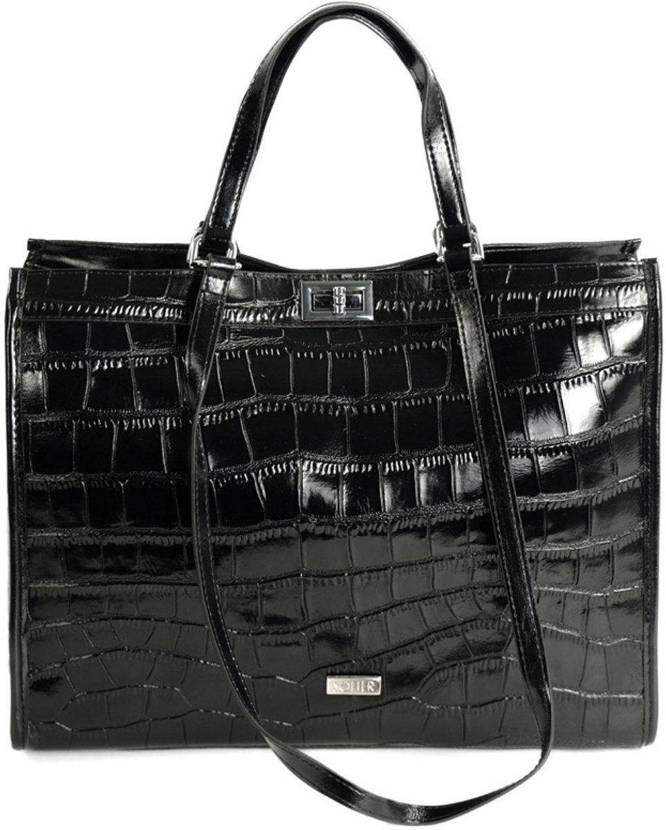 Solier FL63 NOIRELLE - shopper schoudertas voor dames - natuurlijk leer - gestructureerde vorm - ruime inhoud - zwart