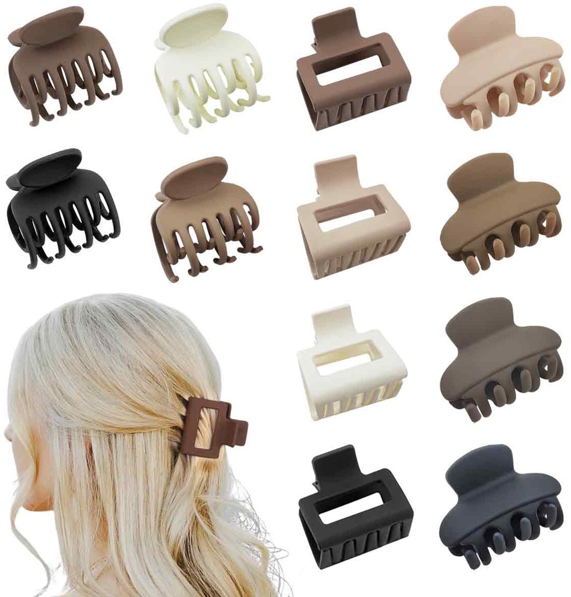 QTTVBTNA Set 12 Haarklemmen – Haarklem – Kleine Haarclips 4 cm – Vierkant Clip, Paardenstaart Clip & Halfronde Clip – Antislip – Neutrale Kleuren – Voor alle haartypes - Voor Vrouwen
