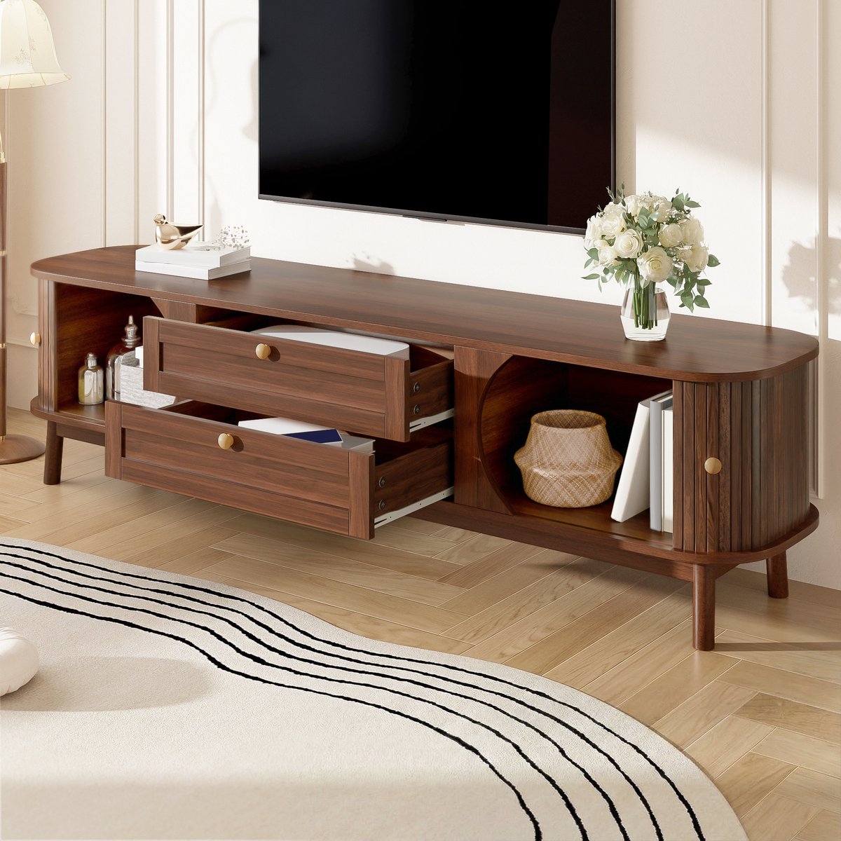 HAUSS SPOLE TV-Meubel - TV-Kast Met Lamellen Deuren En Laden - MDF Walnoot Houtlook - 170x39,5x46 cm - Voor Woonkamer - Met Stabiele Houten Poten