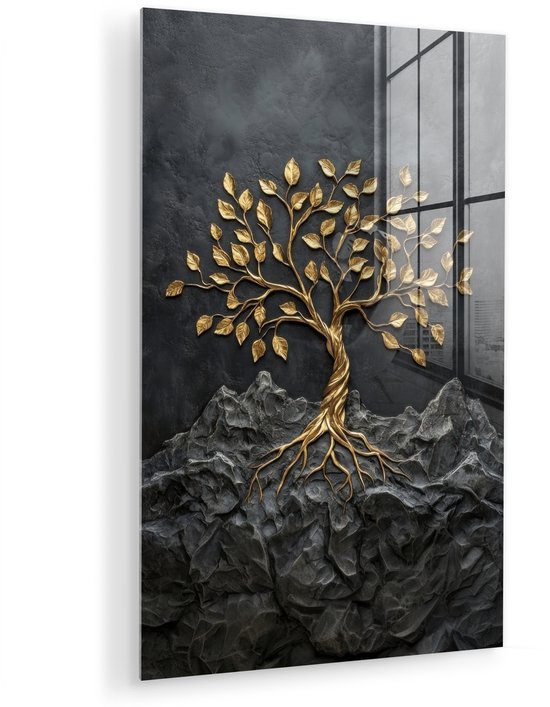 MuchoWow® Glasschilderij 40x60 cm - Schilderij acrylglas - Bladeren - Goud - Boom - Rots - Foto op glas - Muurdecoratie woonkamer - Wanddecoratie slaapkamer - Schilderijen