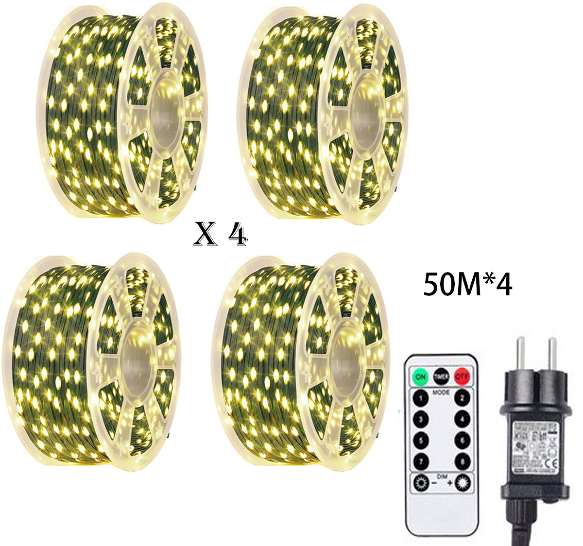 scirove® Buitenverlichting, binnenverlichting, LED-lichtslingerset (4 stuks per set), 8 verlichtingsmodi, inclusief afstandsbediening, (lengte lichtslinger 50 meter) × 4 — geschikt voor binnen en buiten en als feestversiering