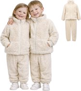 Joya Kids® Teddy Fleece Set Kinderen Crème | 2-delige Joggingpak Winter | Zachte Warme Kinderkleding | Vest met Rits & Broek | Unisex | Maat 130 | 5-6 Jaar