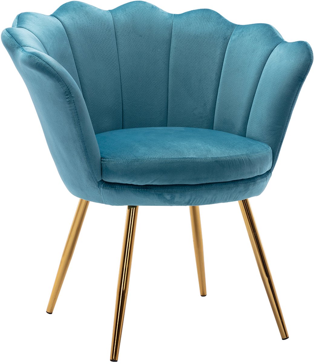 chairus Leunstoel - Blauw - Velvet - Gewatteerde zitting - Schelpvormige rugleuning - Met Metalen Poten - Voor Woonkamer en Slaapkamer