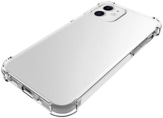 Transparante schokbestendige hoes voor iPhone 12 Mini, schuin van achteren gezien.