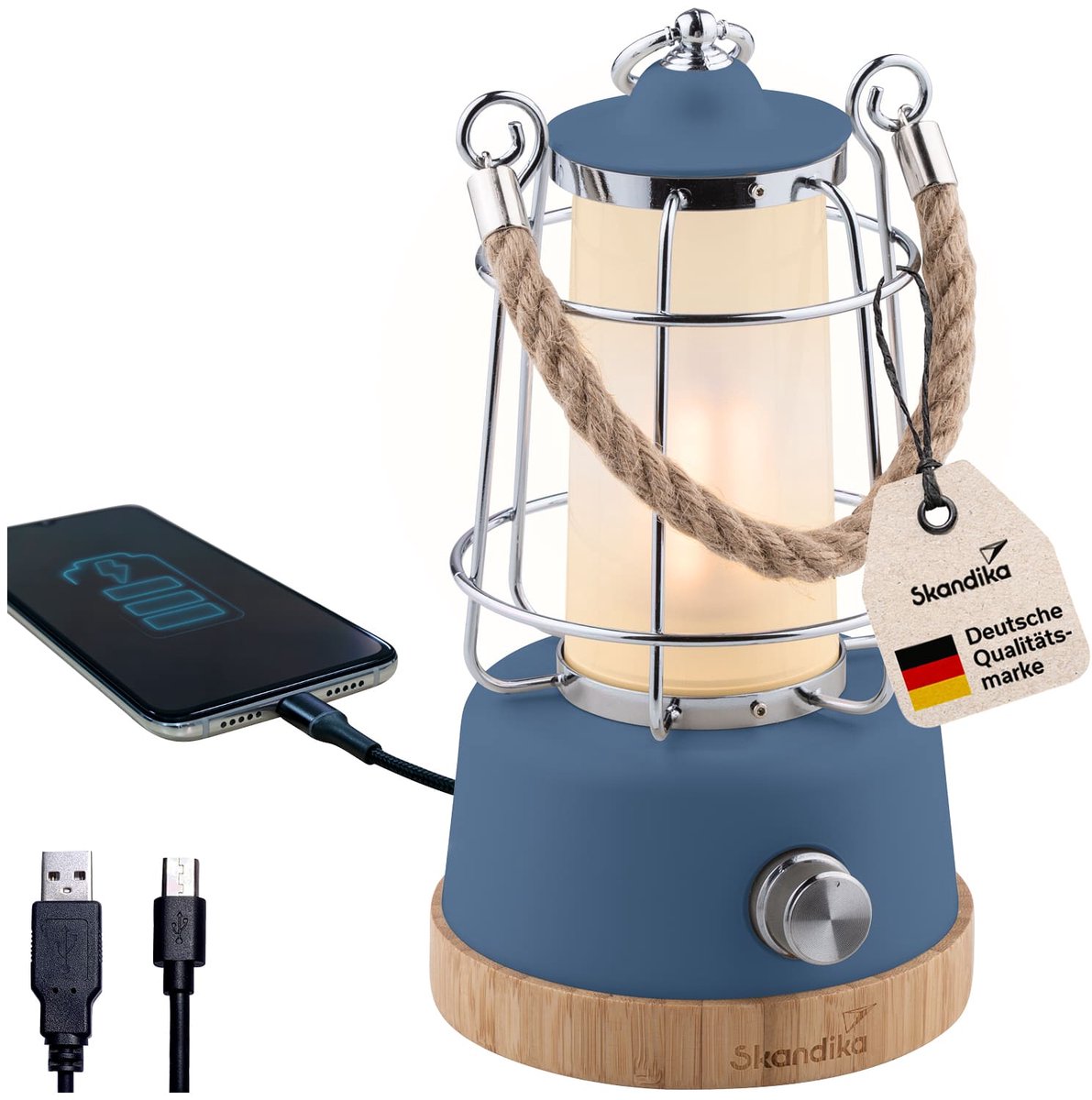 Skandika LED lamp Kiruna - Retro outdoor campinglamp met powerbank, traploos dimbaar, draadloos, accu, oplaadbaar, USB, warm- en koudwit, ringophanging, 75 uur brandtijd | Tafellamp van bamboe