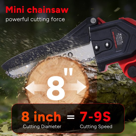 Mini kettingzaag met een zaagdiameter van 8 inch, die 7-9 seconden nodig heeft om door hout te zagen.