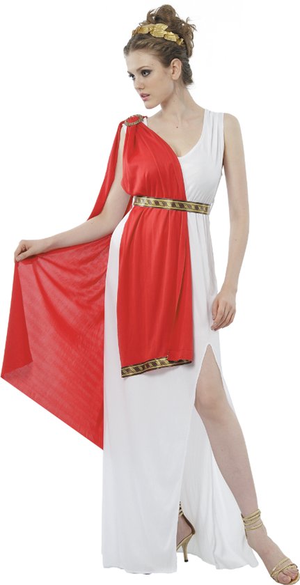 Joya Party® Costume Déesse Romaine Vénus Femme | Déguisement Déesse Grecque Olympie Femme | Toge Blanche avec Écharpe Rouge, Ceinture Dorée & Couronne de Laurier | Costume Femme | Déguisement | Carnaval & Fête à Thème | Taille L/XL
