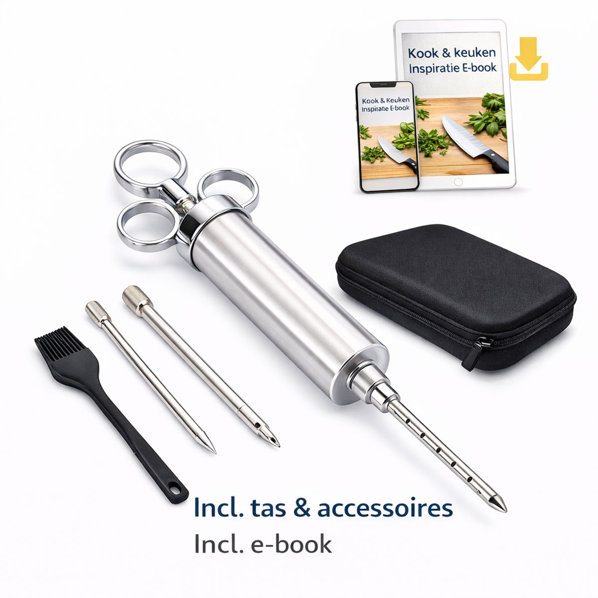 BooGoo® RVS Marinade Injectiespuit Set – Incl. Opbergtas & 3 Naalden – BBQ Vlees Injector – Inclusief E-book