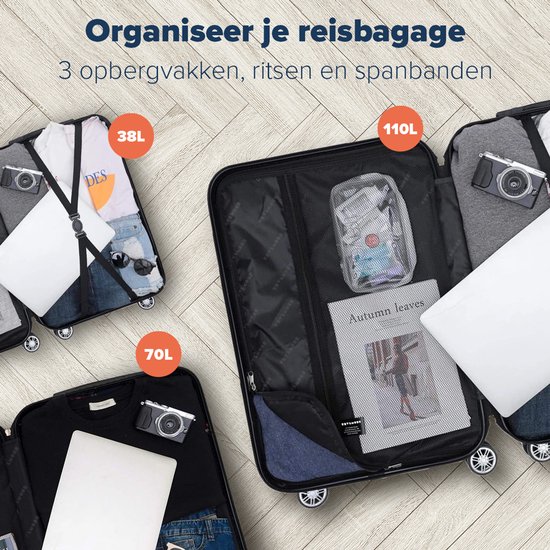 Ensemble valise TRVLMORE - 3 pièces - 38L (bagage à main) + 70L + 110L - Zwart