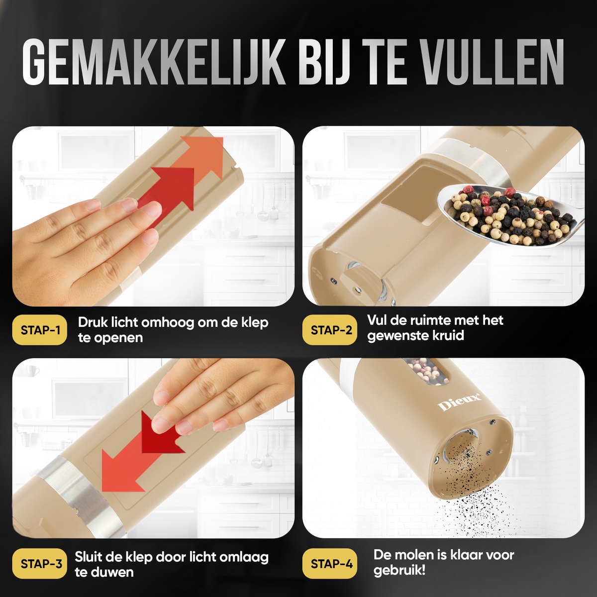 Dieux - Elektrisch Peper en Zoutmolen set - Beige - Pepermolen - Zoutmolen - 2 stuks - Instelbare maalgraad - Hervulbaar - Barbecue - BBQ accesoires - Luxe kwaliteit - Kruidenmolen — cadeau in Kookcadeaus - foto 4