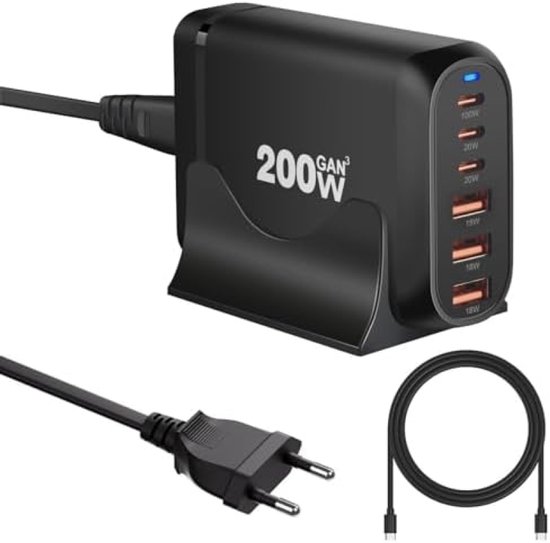 Baseus USB C-oplader, 120 W, 6-poorts laadstation met 112 W uitgang voor iPhone 16/16 Plus/16 Pro/16 Pro Max/15/14/13, MacBook Air, Pixel, Galaxy, iPad en meer