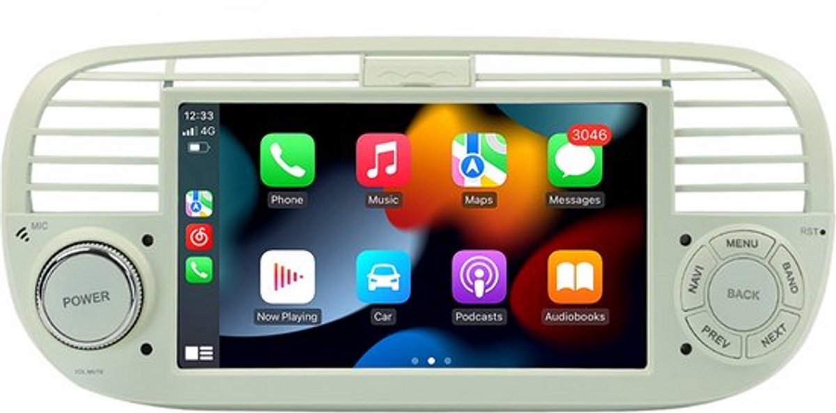 Boscer Autoradio - Geschikt voor Fiat 500 2007-2015 - Android 15 - Apple Carplay & Android Auto (Draadloos) - 4+64GB - 7 Inch HD Touchscreen - GPS Navigatiesysteem - Beige/Wit - Achteruitrijcamera & Microfoon - 2025 Model