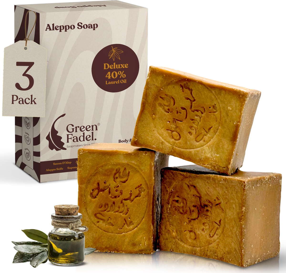 GREEN FADEL Aleppo Zeep 40% Laurierolie 60% Olijfolie - 3 x 200g - Handgemaakt - Natuurlijke Zeep