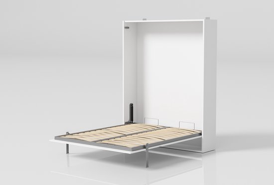 Wit verticaal opklapbed, gedeeltelijk geopend, met houten lattenbodem.