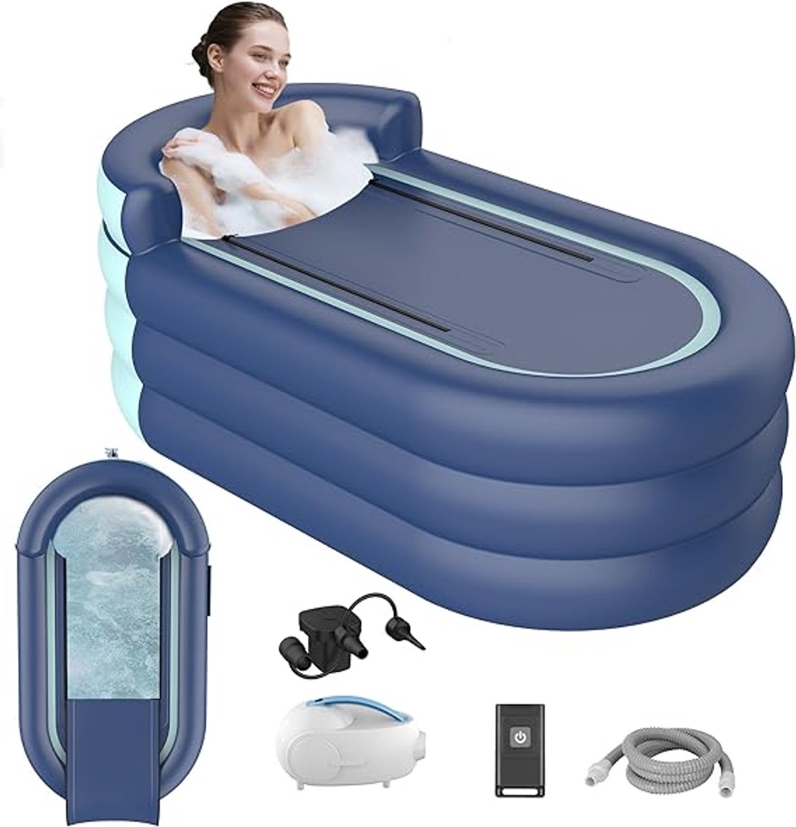 Opblaasbare Whirlpool Badewanne voor Volwassenen – Novihome Deluxe Portable Spa & Bubble Bath Mat – Inclusief Massageblazen, Zelfopblaasbaar, Thermo-isolerend, Draagbaar, Vouwbaar voor Appartementen & Badkamers, Blauw PVC, Modern, Vrijstaand