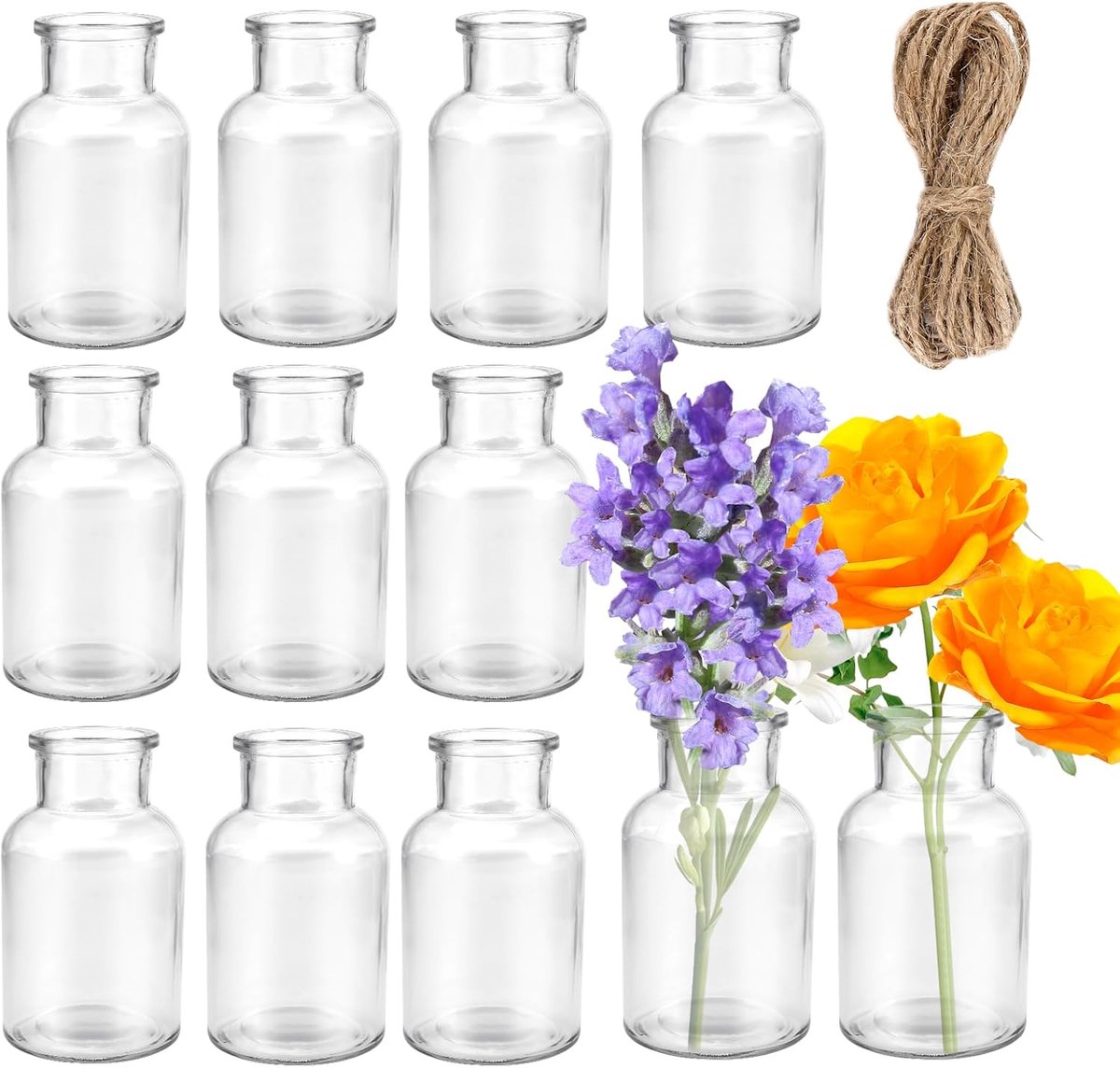 Famanu – Kleine glazen vazen, kleine vazen, verpakking van 12 glazen mini-vazen, 250 ml kleine flessen met jute koord, bloemenvazen, tafelvaas, voor tafel, decoratie, centerpieces, thuis, verjaardagen,