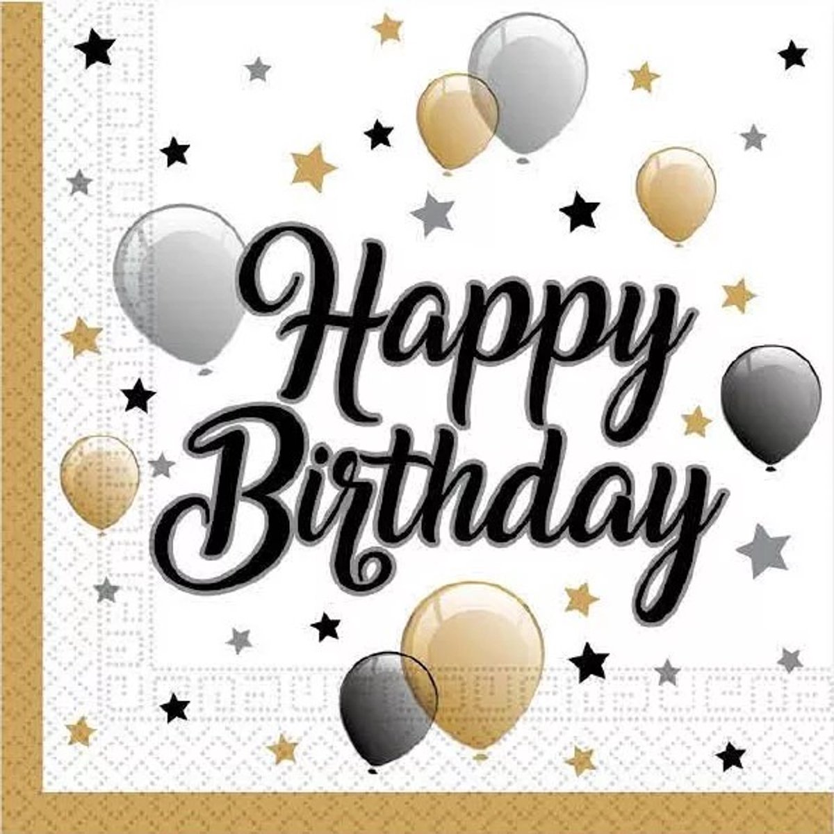 40 Servetten Happy Birthday met ballonnen en sterren - Wit - Zwart - Zilver - Goud - 33 x 33 cm - 2-Laags - Decorata Party