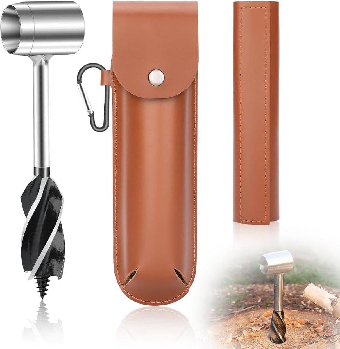 Camping handboormachine - Handboormachine voor bushcraft, handsleutel met leren etui, boormachine voor buiten, houtboor, boor met scotch-oog voor bushcraft-overleving, campingboor, handmatige bediening - bruin - Cyslmuk®