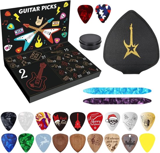 Adventskalender met gitaarplectrums- 24-daagse muzikale kerstaftelling met PU-leren koffer- houten en ABS-plectrums- 31 x 21 x 4 cm elektrische gitaarplectrumsset voor volwassenen- tieners en kinderen