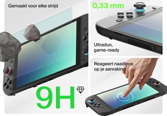 Demonstratie van de duurzaamheid van de screenprotector voor Nintendo Switch, bestand tegen stenen. De screenprotector is 0,33 mm dik en ultradun.