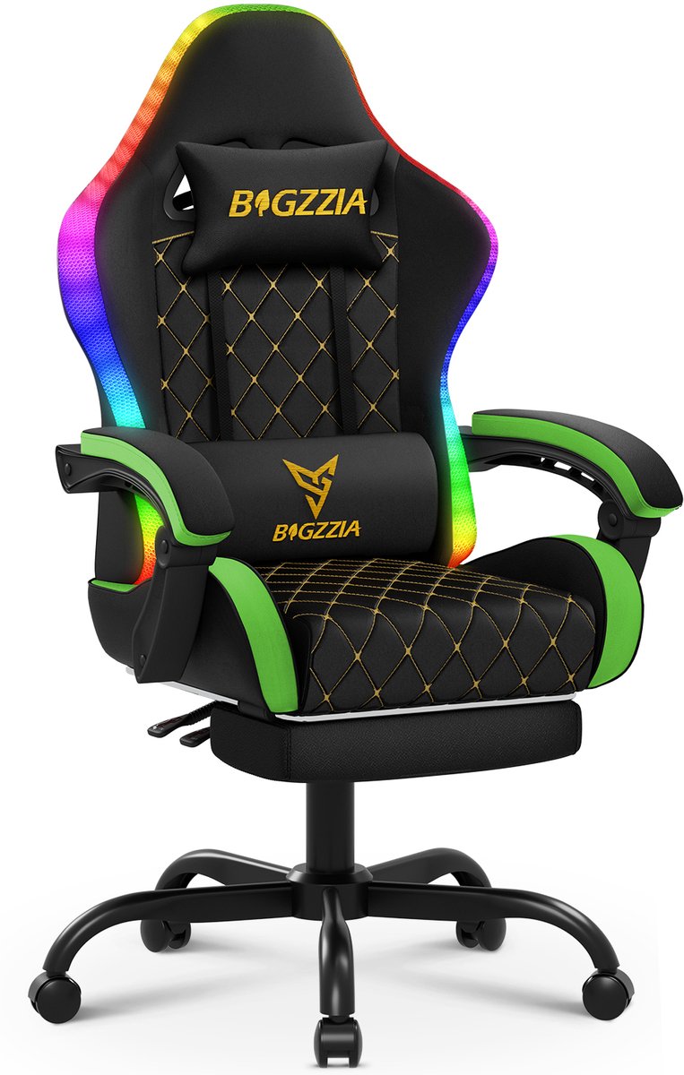 BIGZZIA Gaming stoel - Ergonomische stoel - 90-135° Verstelbare Rugleuning - 150kg Belastbaarheid - 360° Draaibaar - met hoofdkussen en lendenkussen - RGB-verlichting - voetensteun - Zwart en Groen