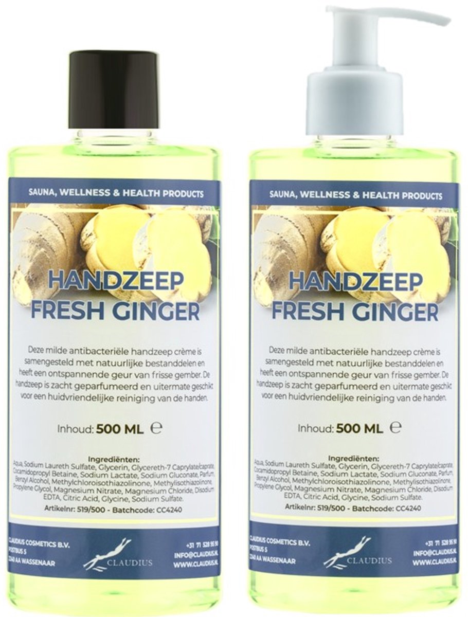Handzeep Fresh Ginger 500 ml - set van 2 stuks - met gratis pomp - Voordeelverpakking