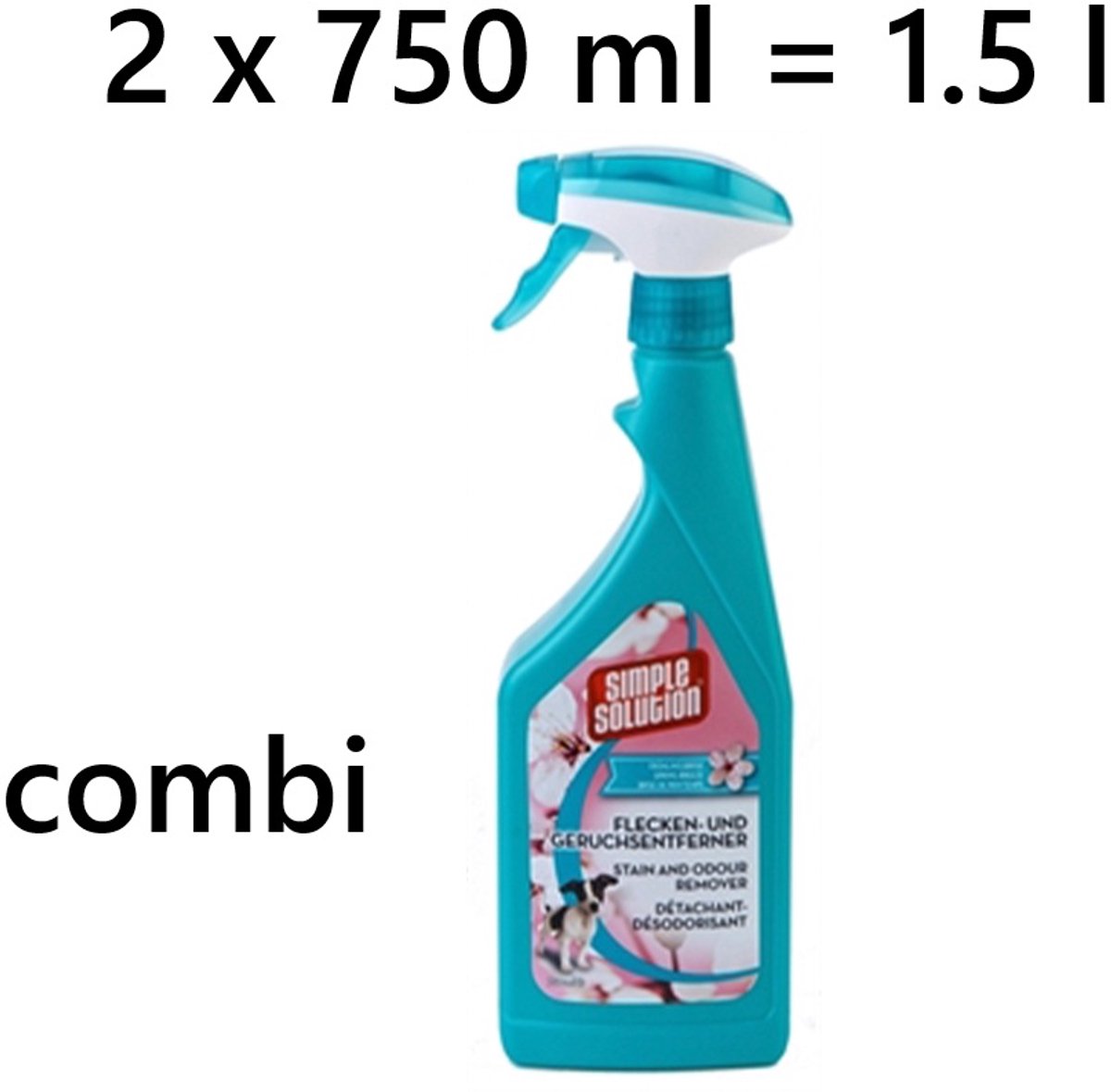 simple solution -- 2 X -- vlek en geur verwijderaar hond 750 ml bevat pro-bacteria, produceert enzymen - helpt o.a. tegen herhaaldelijke markering SPRING BREEZE - = 1.5 LITER