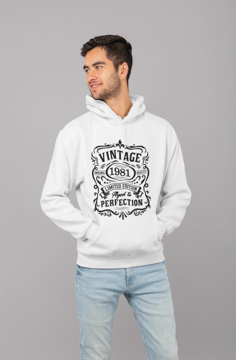1981 Jaar Wit Hodie - Maat L - Vintage Aged To Perfection - Verjaardagscadeau - Limited Edition