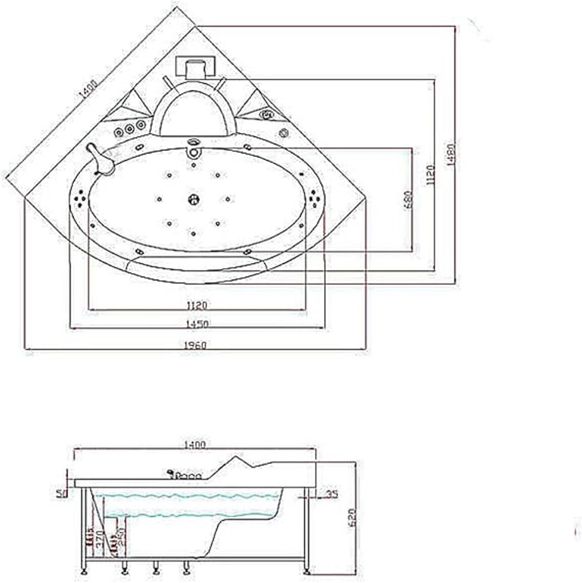 Whirlpool Bad voor 2 Personen – Luxe Spa Bubbelbad met Hydromassage, LED Kleurtherapie, Radio & Waterval – 140x140 cm Acryl Hoekbad – Moderne Hot Tub – Novihome St. Angels