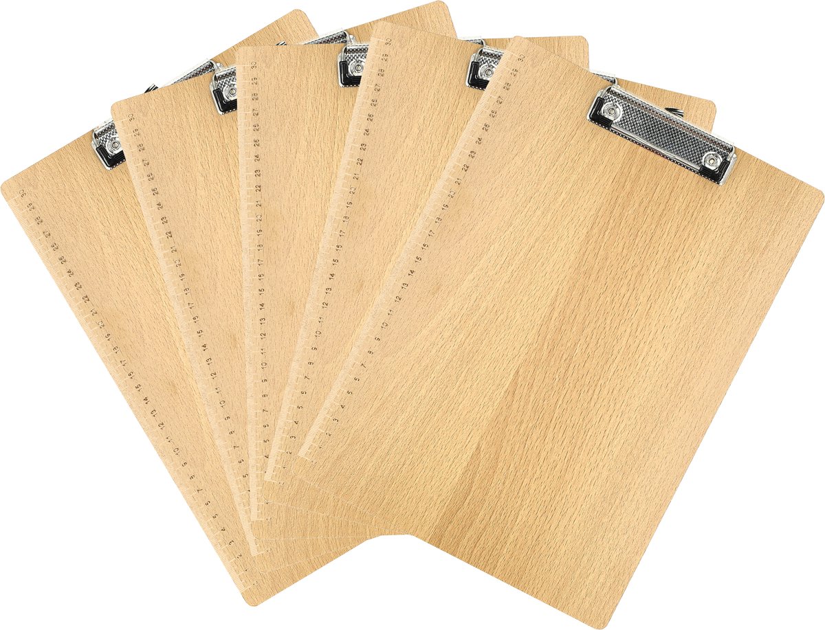 Klembord A4 – Set van 5 Houten Klemborden – Met Sterke Klem en Liniaal – Harde Houtlook Schrijfplaat voor School, Kantoor, Horeca en Thuis