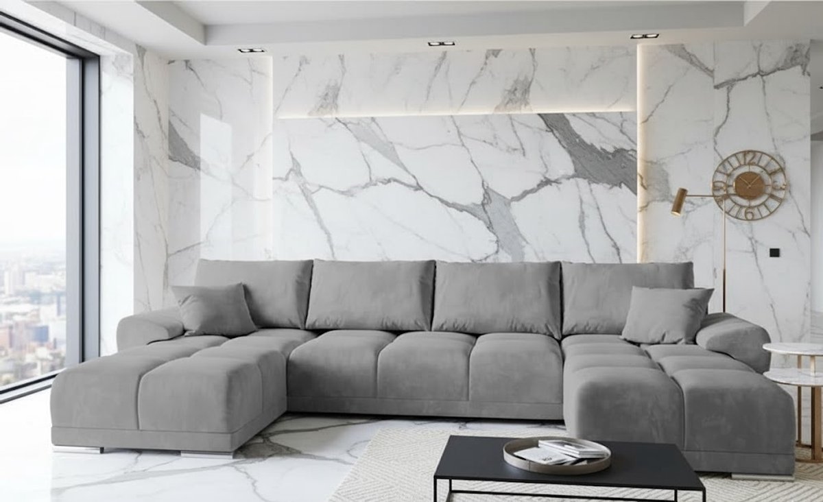 U-vormige Fluwelen Hoekbank met Slaapfunctie en Opbergruimte – Luxe Uittrekbare Slaapbank 365x189 cm – Comfortabele Loungebank voor Woonkamer – Grijs – Novihome