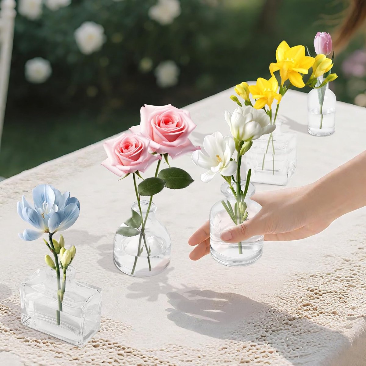 Famanu - 5 stuks Glazen mini-vazen: 125 ml glazen vaas – bloemenvazen tafelvazen glazen vazen – kleine vazen voor tafeldecoratie thuis bruiloften verjaardagen feesten, vaatwasmachinebestendig