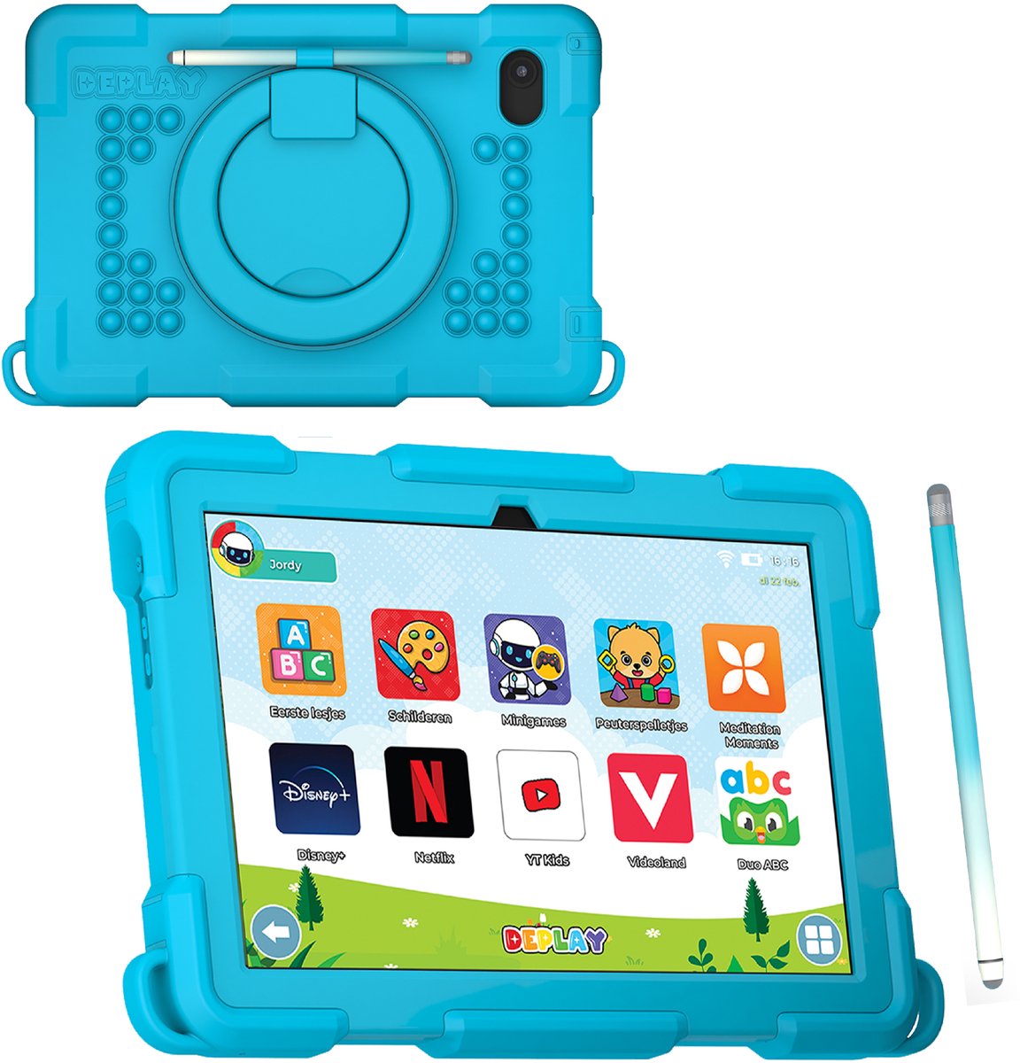 DEPLAY Kids Tablet PRO - Kindertablet - Ouder Control App - 6000 Mah Batterij - Touchscreen Pen & Beschermhoes – Blauw - Android 12 - 10 Inch