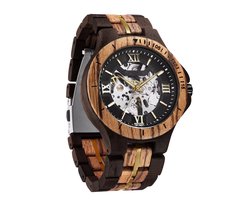 Wood Skeleton Horloge | Waterafstotend | Cadeau Giftbox | Hout & Goudkleurig | Automatic Horloges | Automatisch Watchwinder | Skeleton Herenhorloge