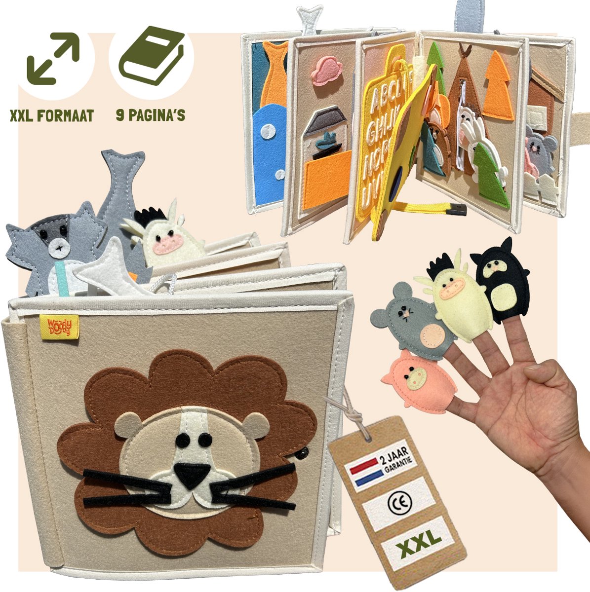 WoodyDoody Motoriek Dieren Leeuw Leerboek Grote Uitvoering en 10 Pagina's - Educatief Spel Peuters – Baby Boek voor Thuis en Onderweg - Sensorisch Speelgoed Babyshower Cadeau - Activiteiten Boek Boerderij vanaf 3 jaar