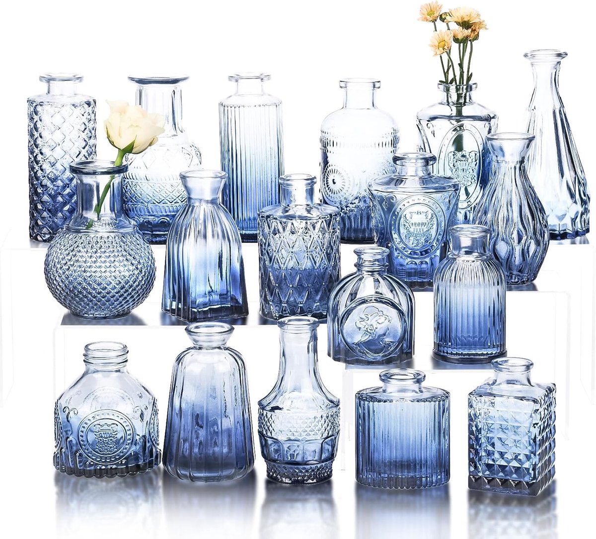 Famanu - Set van 18 blauwe bud vazen voor bloemen, vintage heldere glazen vazen kleine vazen voor centerpieces voor thuis tafel decor rustieke bruiloft decoraties