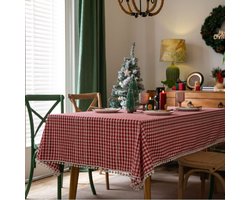 Retro geruit tafelkleed met kwastjes - tafelkleed van katoen en linnen - stofdicht tafelkleed - geschikt voor keukens, buffetten, restaurants, picknicks, feesten, tafeldecoraties - 140x260cm
