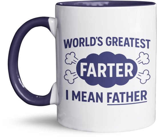 Wit met blauwe binnenkant mok met de tekst 'WORLD'S GREATEST FARTER I MEAN FATHER'.
